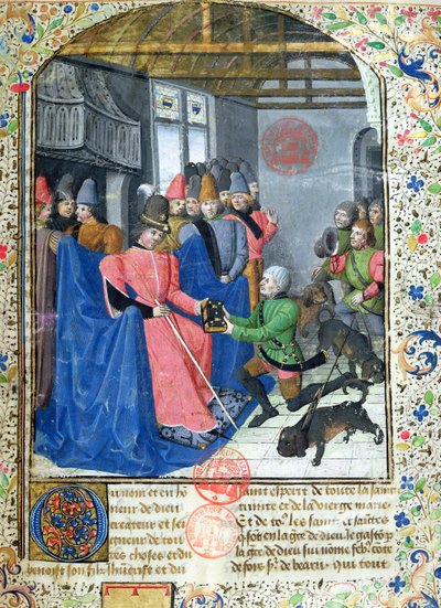 Jager die de auteur een kopie van zijn verhandeling over de jacht presenteert, uit het Livre de la Chasse door Gaston Phebus de Foix (1331-91) door French School