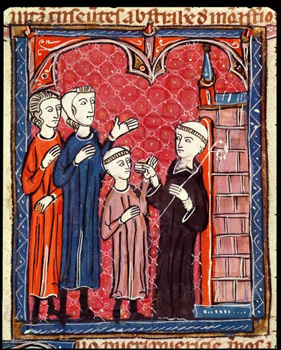 Ms 372 f.53r Een kind naar een klooster gebracht door zijn ouders, uit Decrets de Gratien door French School