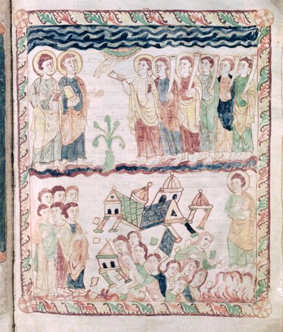 Ms 386 fol.25r Engelen met trompetten en de aarde die schudt, uit de Apocalyps van St. Johannes door French School
