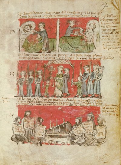 Scènes uit het leven van studenten van het College van Hubant of de Ave Maria, uit de statuten van het College van Hubant, Parijs, 1387 door French School