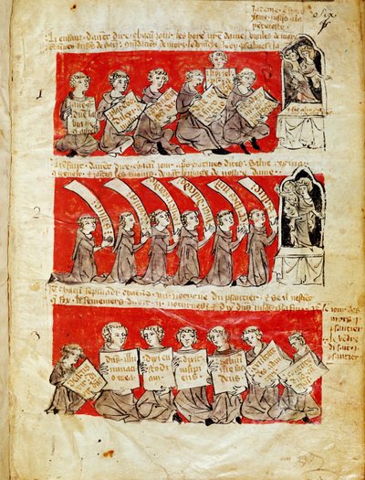 Scènes uit het leven van de studenten van het College van Hubant of het College van de Heilige Maagd in Parijs, uit de Statuten van het College van Hubant, 1387 door French School