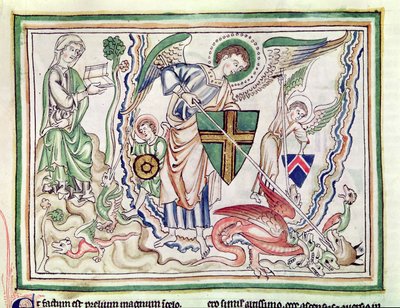 Ms 422 fol.47v St. Michael doodt de draak, uit een Apocalyps door French School