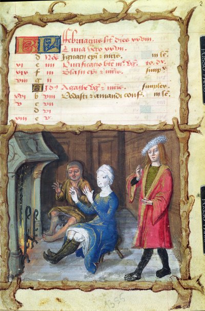 Ms 438 De maand februari: Opwarmen voor de haard, uit een getijdenboek, 1490 door French School