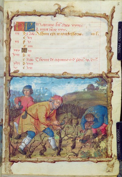 Ms 438 De maand maart: de wijnstokken snoeien, uit een getijdenboek, 1490 door French School