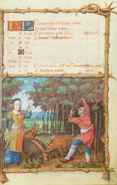 Ms 438 De Maand November: Eikels Verzamelen, uit een Getijdenboek, 1490 door French School
