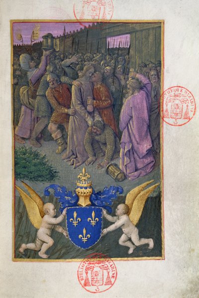 Ms 473 Judas kust Christus, miniatuur uit de Heures de Charles de France, ca. 1466-69 door French School