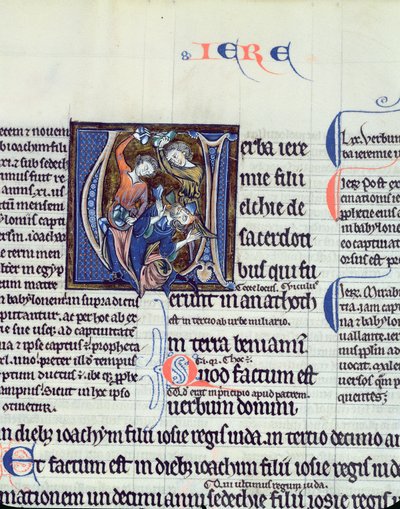 Ms 48 fol.95v Geïllustreerde initiaal V die de steniging van de profeet Jeremia afbeeldt door French School