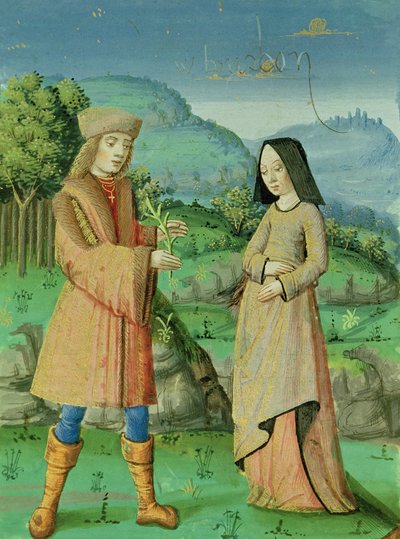Ontmoeting van Aeneas en Anne, de zus van Dido, uit de Aeneis met commentaar van Servius door French School