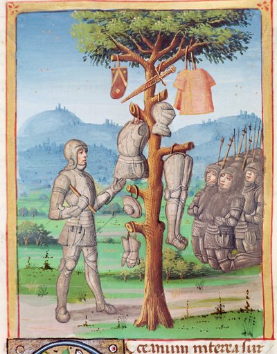 Aeneas hangt het harnas van Mezentius aan een eik, uit De Aeneis van Vergilius met een commentaar van Servius, 1469 door French School