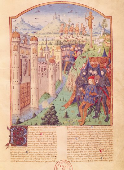 Ms 493 fol.1r De Werken van Vergilius met Commentaar van Servius, De Bucolica, Koning zittend op zijn troon omringd door zijn bewakers voor een versterkte stad, Frankrijk, 1469 door French School
