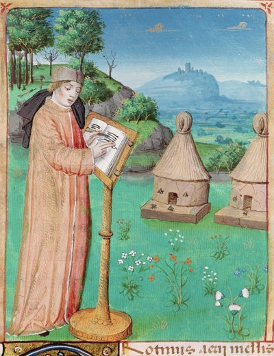 Vergilius schrijft het Leven van Bijen, uit De Georgica van Vergilius met een commentaar van Servius, 1469 door French School
