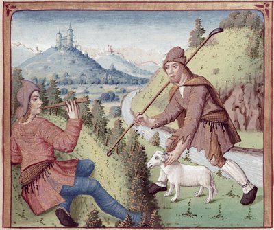 Ms 498 f.3v Tityrus ontmoet Meliboeus, uit De Eclogues door Virgil met een commentaar door Servius, 1469 door French School