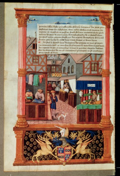 Een straat met winkels en het wapen van Robert Stuart, Marshall van d