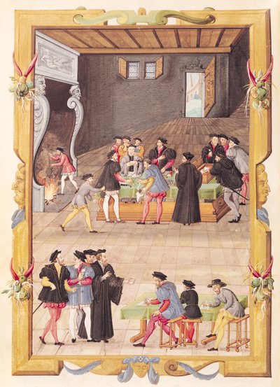 De notarissen en de koninklijke secretarissen in de hal van het College van Notarissen en Koninklijke Secretarissen door French School