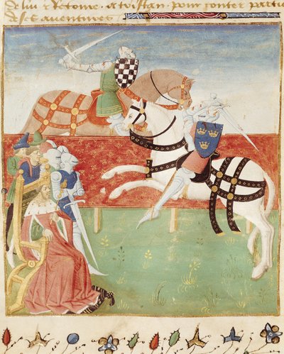 Ms 527 fol.40v Confrontatie van Twee Ridders voor de Koning, uit Roman du Saint Graal door French School