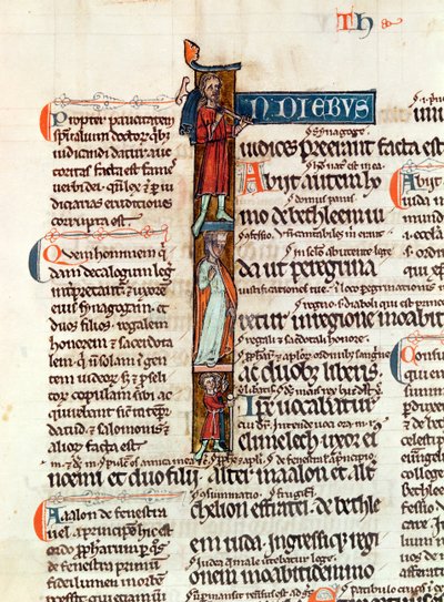 Ms 53 fol.29 Geïllustreerde initiaal I met Ruth en haar man en zonen, uit het Boek van Ruth door French School