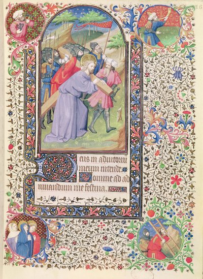 Ms 547 fol.16 Kruiswegstaties, uit een Getijdenboek gebruikt door een vrouw uit Poitiers door French School
