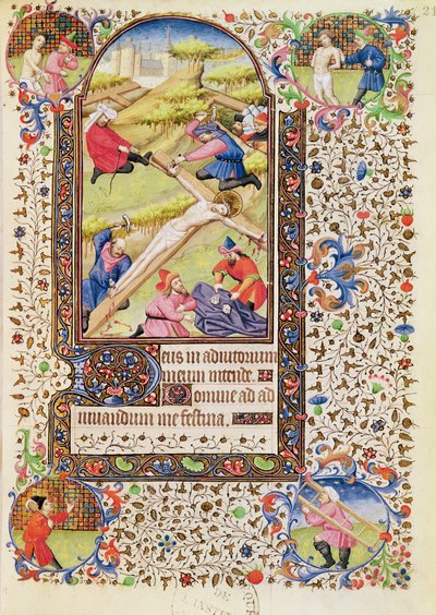 Ms 547 fol.21 Christus wordt aan het kruis genageld, uit een Getijdenboek gebruikt door een vrouw uit Poitiers door French School