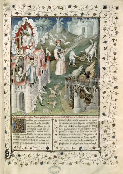 Ms 55 t.2 fol.3 De Stad van God, de Stad van Caen en de Stad van Ondeugden, uit La Cite de Dieu van St. Augustinus van Hippo (354-430) vertaald door Raoul de Preles (1316-82) door French School