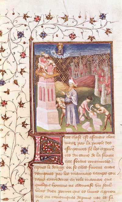 Ms 55 t f.111v Nimrod houdt toezicht op de bouw van de Toren van Babel, uit La Cité de Dieu door St. Augustinus, vertaald door Raoul de Presles (1316-82) ca.1400-50 door French School