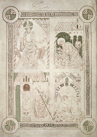 St. Augustinus aan de Voeten van Christus en de Schrijver Alardus die zijn Boek aanbiedt aan St. Vaast, frontispice bij Confessions van St. Augustinus door French School