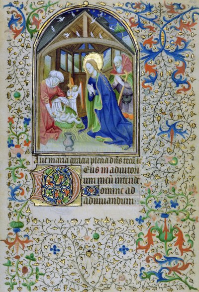De Maagd en Jozef aanbidden de pasgeboren Christus, uit een Getijdenboek, Amiens door French School