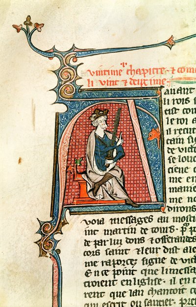 Ms 682 fol.17v Geïllustreerde initiaal A met een zittende koning die een tweesnijdend zwaard vasthoudt door French School