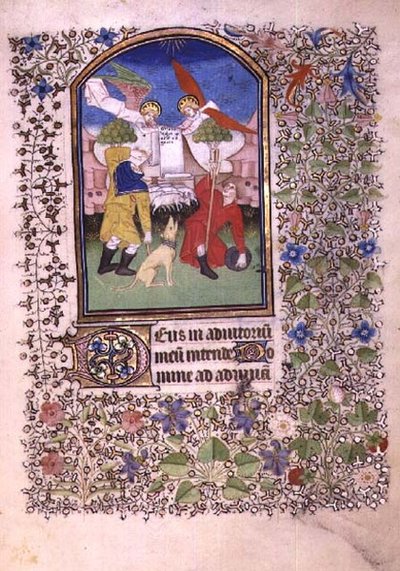 Twee engelen verschijnen aan de herders, uit het Besançon Getijdenboek door French School