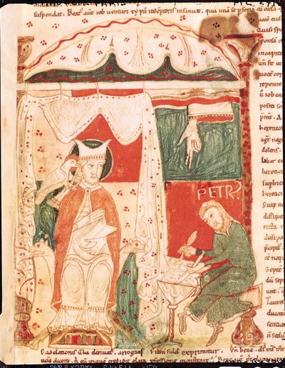 Ms 70 f.57 Paus Gregorius I de Grote (c.540-604) dicteert het Boek Job aan zijn schrijver Peter, uit Moralia in Job door Paus Gregorius de Grote door French School