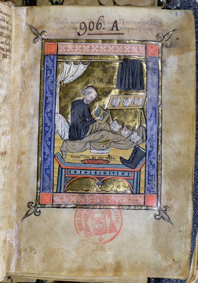 Ms 753 Fol.9 Monnik die in zijn bed schrijft, uit Flores Bernardi door Guillaume de Tournai door French School