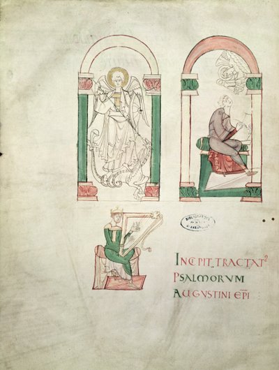 St. Michael, St. Augustinus Schrijvend en St. David die de Harp speelt, frontispice uit Saint Augustin Super Psalmos door French School