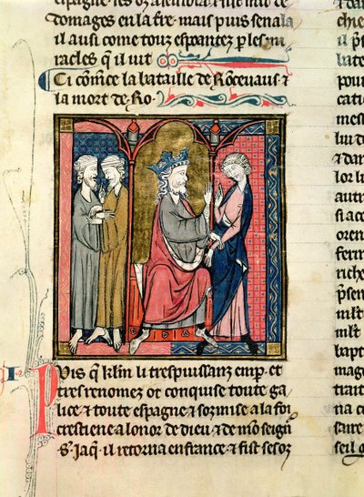 Ms 782 f.152r Karel de Grote (742-814) stuurt Ganelon naar de Saragossaanse koningen, Marsile en Baligant, uit de Chroniques de Saint-Denis, ca. 1275 door French School