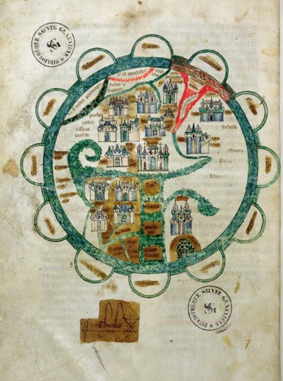 Kaart van de wereld in de vorm van een globe, miniatuur uit Grandes Chroniques de Philippe le Hardi door French School