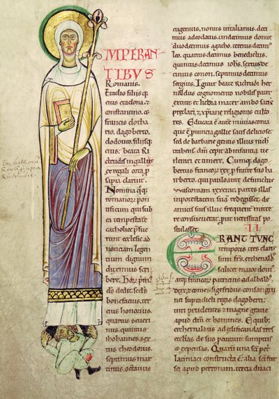 Geïllustreerde initiaal I met afbeelding van St. Richrudius, uit Recueil de Vie des Saints door French School