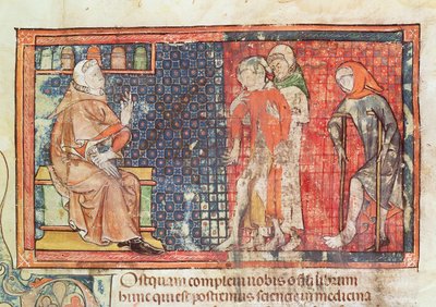 Ms 89 Ter fol.95 Een zieke man en een kreupele man gepresenteerd aan een dokter, uit een verhandeling door Abul Qasim Kalaf ibn al-Abbas al Zahrawi (Albucasis) door French School