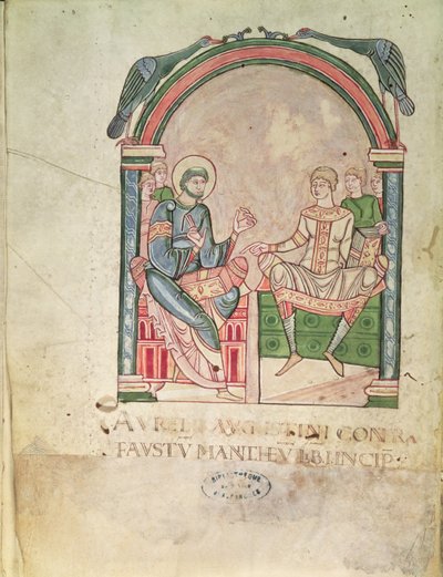 St. Augustinus in Discussie met Faustus in Aanwezigheid van hun Leerlingen, frontispice uit Saint Augustin Contre Faustus door French School