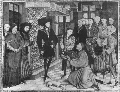 Ms 9242 Hainaut Kronieken, Filips de Goede, Hertog van Bourgondië, gepresenteerd met de vertaling van de Kronieken door Jean Vauquelin, Karel de Stoute als kind aan zijn linkerzijde door French School