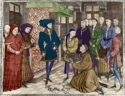 Ms 9242 Hainaut Kronieken, Filips de Goede, Hertog van Bourgondië, gepresenteerd met de vertaling van de Kronieken door Jean Vauquelin, Karel de Stoute als kind aan zijn linkerzijde (latere inkleuring) door French School