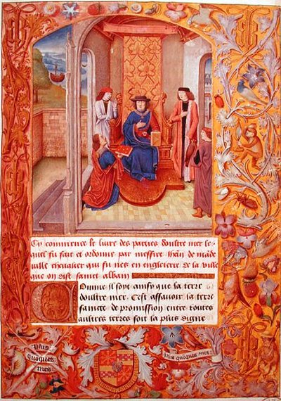 Ms 95 Fol.1 De auteur biedt zijn boek aan de hertog van Bourgondië aan, uit de Wapenkundige van Adolphe de Cleves, vroege 15e eeuw door French School