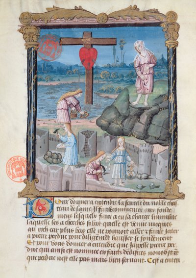 Ms 978 fol.31 De bouw van het kasteel, illustratie uit een spiritueel traktaat voor leken door Gabrielle de Bourbon door French School