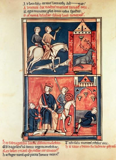 Een hertenjacht en een koning, mogelijk Dagobert I (632-39) op zijn troon, uit het Leven en Wonderen van St. Denis door French School