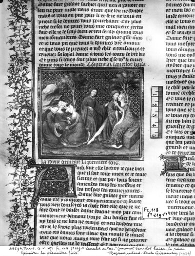 Ms Fr 118 fol.219v Hoe Lancelot Guinevere voor het eerst kuste, uit het Livre de Messire Lancelot du Lac door French School