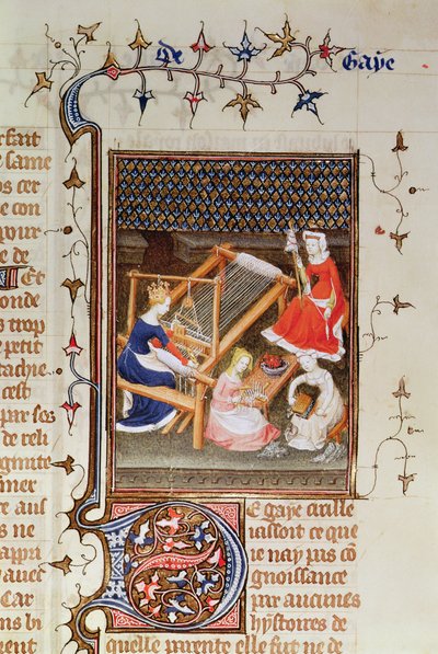 Ms Fr 12420 fol.71 Tanaquil weeft, uit `De Claris Mulieribus, uit de Werken van Giovanni Boccaccio, 1402 door French School