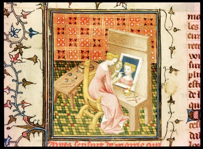 Sint Marcia (gest.632) schildert een zelfportret, uit De Claris Mulieribus, door Giovanni Boccaccio (1313-75) door French School