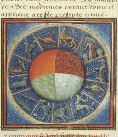 Ms Fr 135 Fol.285 De vier elementen van de aarde met de twaalf tekens van de dierenriem, uit Des Proprietez des Choses door Barthelemy l