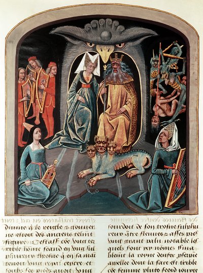 Ms Fr. 143 f.136v Hades en Persephone zittend in de onderwereld op een troon in de vorm van een adelaarskop met Cerberus voor hen (perkament) door French School