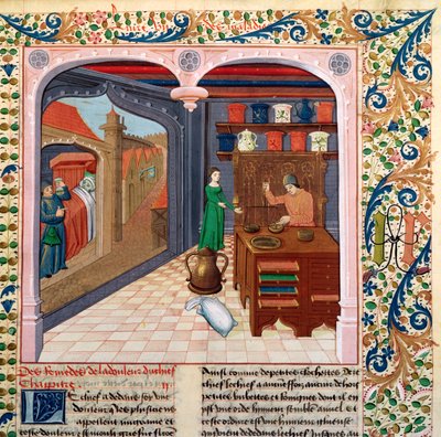 Een patiënt in zijn bed en een apotheker die medicijnen bereidt, uit Le Livre des Proprietes des Choses door Barthelemy l
