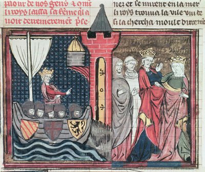Ms Fr 22495 Fol.101 Boudewijn I steekt de rivier de Jordaan over en doet afstand van zijn vrouw, uit Le Roman de Godefroi de Bouillon, 1337 door French School