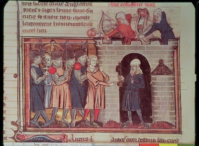 1e Kruistocht. Overgave van Tarsus aan Tancred de Hauteville, 1097, uit Le Roman de Godefroi de Bouillon door French School