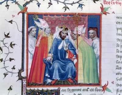Ms. Fr. 2608 fol.335v Kroning van Philippe III (1245-85), uit de Grandes Chroniques de France, c.1400 door French School
